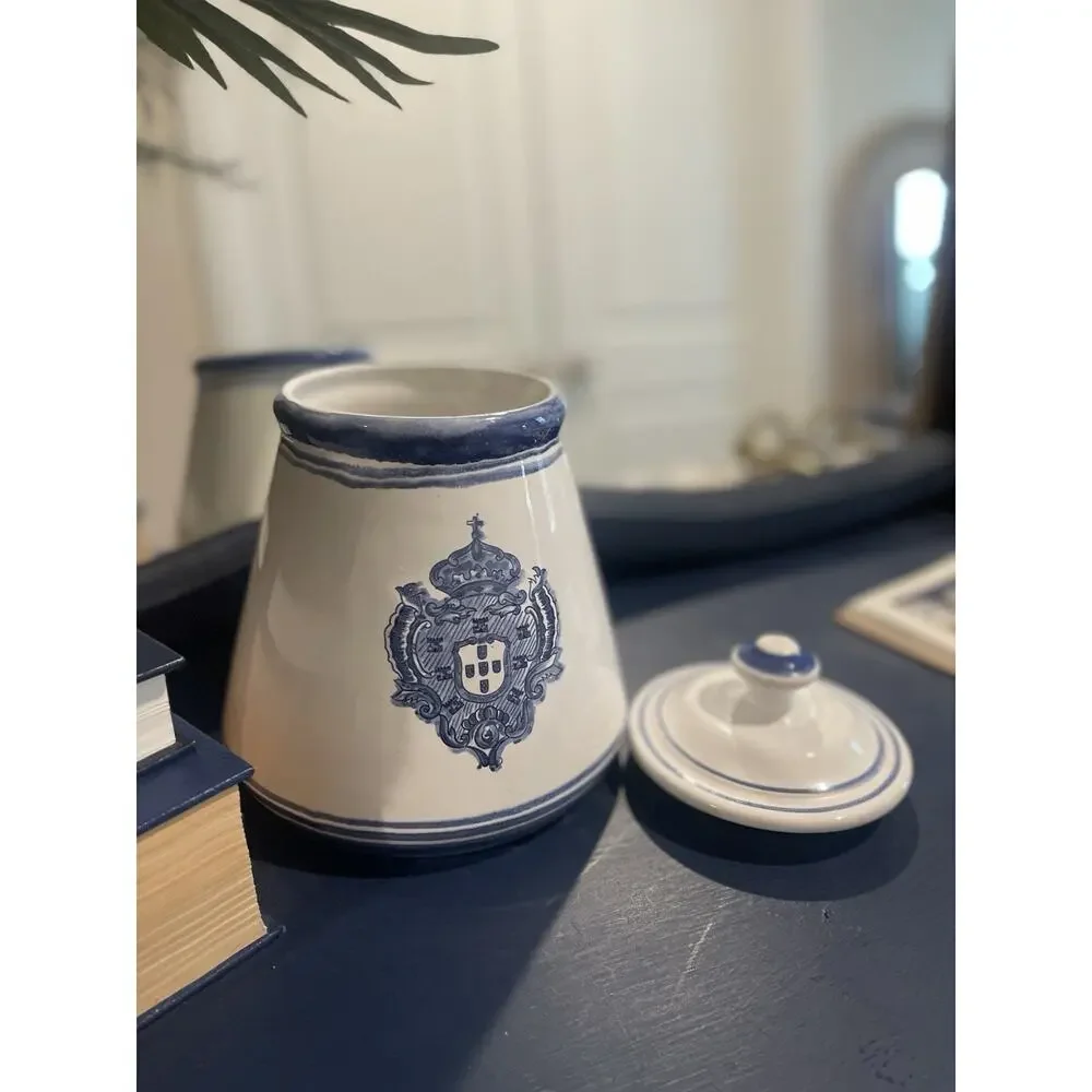 Blue White Ceramic Jar Canister w/Lid Faiancas Belo style Royal Crest Portuguese